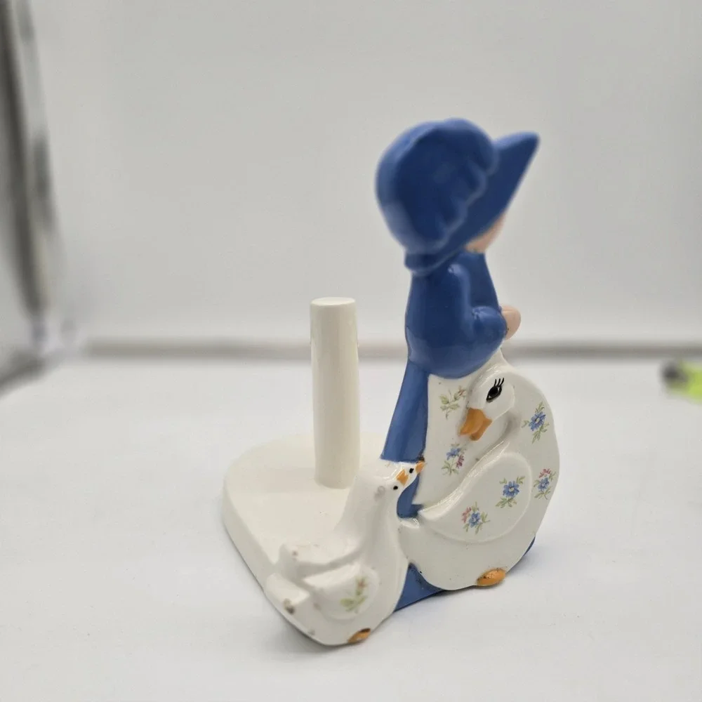 Vtg Cottagecore‎ Ceramic Duck Goose Paper Towel Roll Holder Stand Blue Bonnet